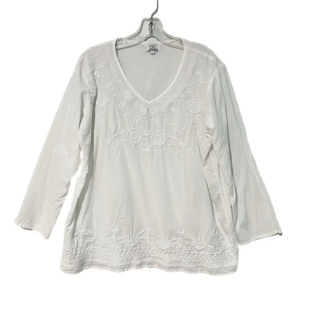 CHIC CONNECTION Women Tunic Top L Long Sleeve White Embroidered 100% Cotton